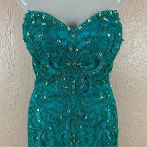 Mie Ling GORGEOUS Teal Beaded Sweetheart Trumpet Formal Gown